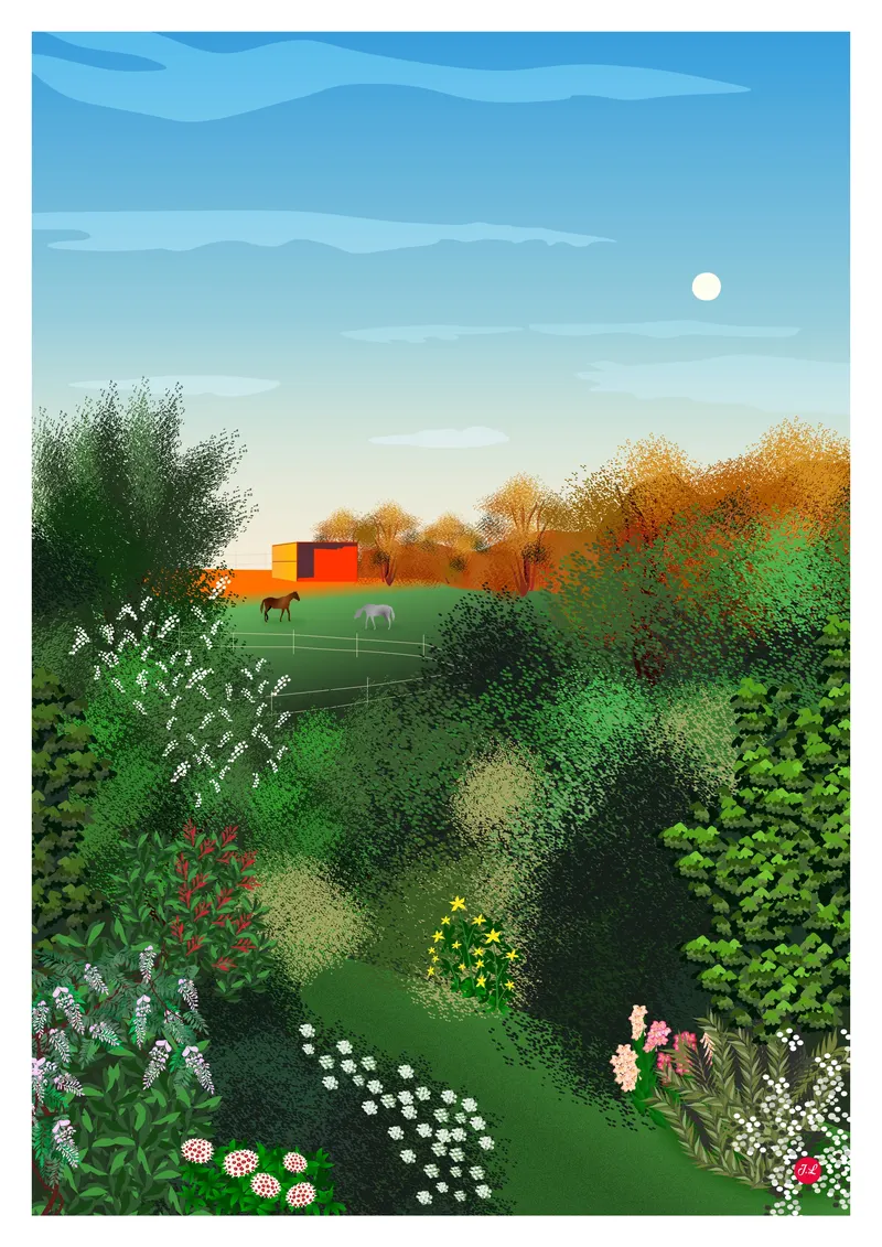 Affiche personnalisée du jardin d'Annie et Fred vue de leur cuisine avec la cabane aux chavaux dans le coucher de soleil